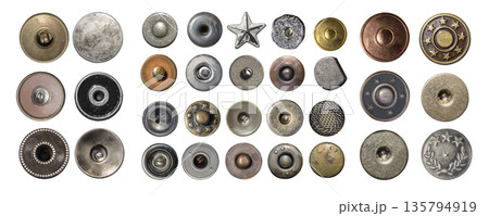 Collection of metal jeans buttons and rivets on transparent background 135794919
