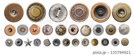 Assortment of metal jean buttons and rivets with transparent background Assortment of metal jean buttons and rivets with transparent background 135794921