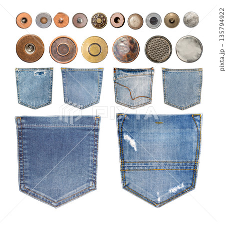 Assortment of denim pockets and metallic buttons 135794922