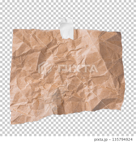 A highly crumpled and torn piece of brown craft paper with a piece of masking tape attached. Evokes vintage, grunge, or rustic themes. 135794924