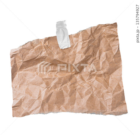 A small, highly crumpled brown craft paper bag, sealed with a piece of tape, isolated on a transparent background. Evokes themes of packing, delivery, or simple storage. A small, highly crumpled brown craft paper bag, sealed with a piece of tape, isolated on a transparent background. Evokes themes of packing, delivery, or simple storage. 135794927