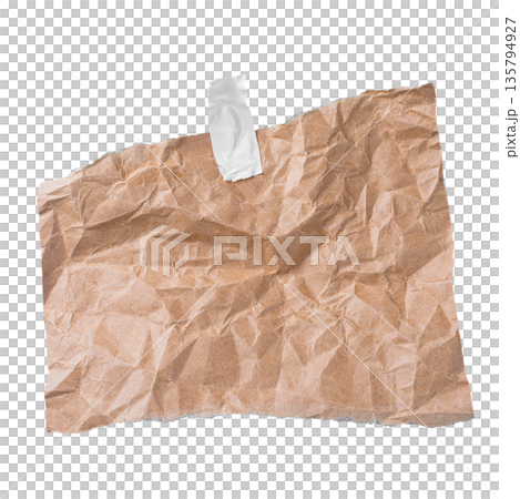 A small, highly crumpled brown craft paper bag, sealed with a piece of tape, isolated on a transparent background. Evokes themes of packing, delivery, or simple storage. A small, highly crumpled brown craft paper bag, sealed with a piece of tape, isolated on a transparent background. Evokes themes of packing, delivery, or simple storage. 135794927