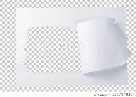 A white paper sheet with the top-left corner realistically rolled up, revealing a transparent background. Perfect for page curl effects or attention-grabbing elements. 135794930