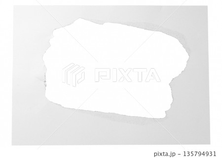 A white paper shape with a torn edge along the bottom, isolated on a transparent background. Ideal for footers, unique borders, or creative design elements 135794931