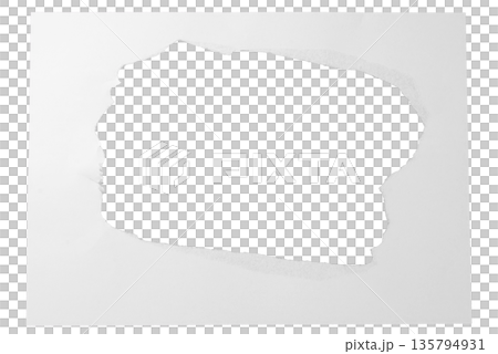 A white paper shape with a torn edge along the bottom, isolated on a transparent background. Ideal for footers, unique borders, or creative design elements 135794931