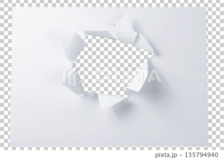 A small, natural torn hole in the center right of a white paper sheet, isolated on a transparent background. A subtle design element for emphasis or revelation. A small, natural torn hole in the center right of a white paper sheet, isolated on a transparent background. A subtle design element for emphasis or revelation. 135794940