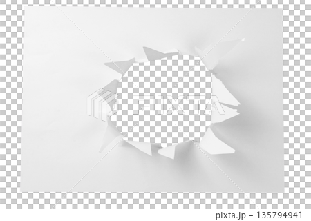 A small, natural torn hole in the center left of a white paper sheet, isolated on a transparent background. A subtle design element for pointing or focus. A small, natural torn hole in the center left of a white paper sheet, isolated on a transparent background. A subtle design element for pointing or focus. 135794941