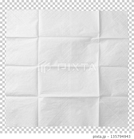 Close-up of a folded and crumpled white paper texture, isolated for use as a background, overlay, or abstract design element. 135794943