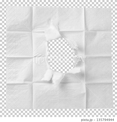 A natural, rough torn hole in a piece of white paper, revealing the background. A versatile design element for minimalist or grunge themes. On a transparent background. 135794944