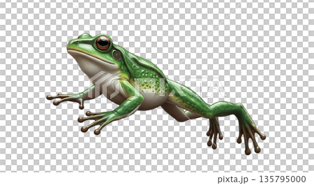 Green frog in mid jump with vibrant details 135795000