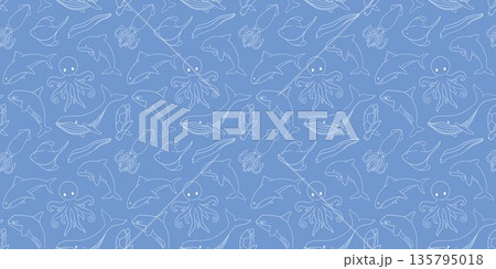 Seamless pattern in line art style with underwater animal, whale, shark, stingray, octopus, turtle, muraena and killer whale on blue background. Seamless pattern in line art style with underwater animal, whale, shark, stingray, octopus, turtle, muraena and killer whale on blue background. 135795018