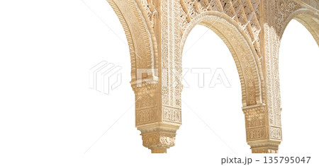 Arches in Islamic (Moorish) style (Carved on white background) in Alhambra, Granada, Spain Arches in Islamic (Moorish) style (Carved on white background) in Alhambra, Granada, Spain 135795047