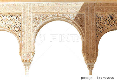 Arches in Islamic (Moorish)  style (Carved on white background) in Alhambra, Granada, Spain 135795050