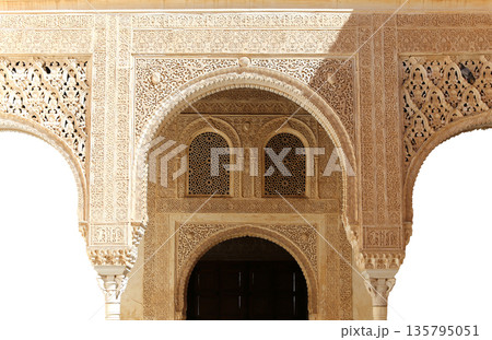 Arches in Islamic (Moorish)  style (Carved on white background) in Alhambra, Granada, Spain 135795051