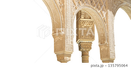 Arches in Islamic (Moorish) style (carved on white background) in Alhambra, Granada, Spain Arches in Islamic (Moorish) style (carved on white background) in Alhambra, Granada, Spain 135795064