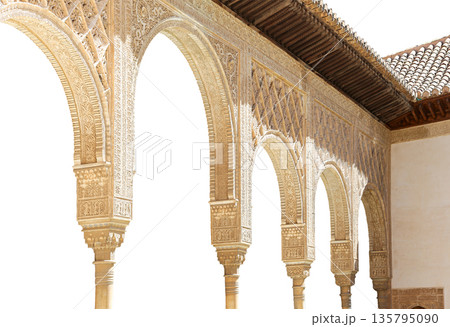 Arches in Islamic (Moorish) style (carved on white background) in Alhambra, Granada, Spain 135795090