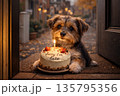 Adorable small dog holding a birthday cake with a candle and the text Sorry I'm late 135795356