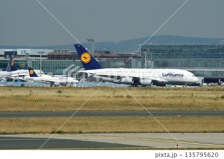 Frankfurt, Germany, July 09 2017: Airbus A380 Taxiing at Frankfurt Airport 135795620