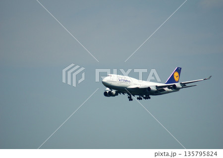 Frankfurt, Germany, July 9, 2017: Boeing 747-400 on Final Approach to Frankfurt Airport Frankfurt, Germany, July 9, 2017: Boeing 747-400 on Final Approach to Frankfurt Airport 135795824