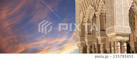 Columns in Islamic (Moorish)  style in Alhambra (against the sunset), Granada, Spain 135795855