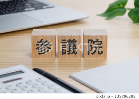 テーブルの上に参議院と書かれたブロック テーブルの上に参議院と書かれたブロック 135796299