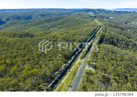 Drone photograph of a train in the Grose Valley in the Blue Mountains Drone photograph of a train in the Grose Valley in the Blue Mountains 135796364