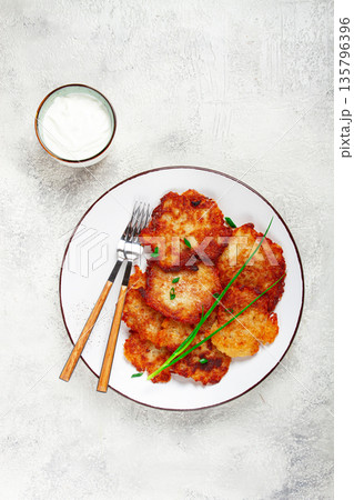 potato pancakes, pancakes with sour cream, Belarusian dish, homemade, no people, 135796396