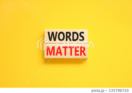 Words matter symbol. Concept word Words matter on beautiful wooden blocks. Beautiful yellow paper background. Business words matter concept. Copy space. 135796720