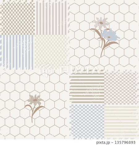 Decorative patchwork pattern cottagecore rustic style in light blue beige colors Decorative patchwork pattern cottagecore rustic style in light blue beige colors 135796893