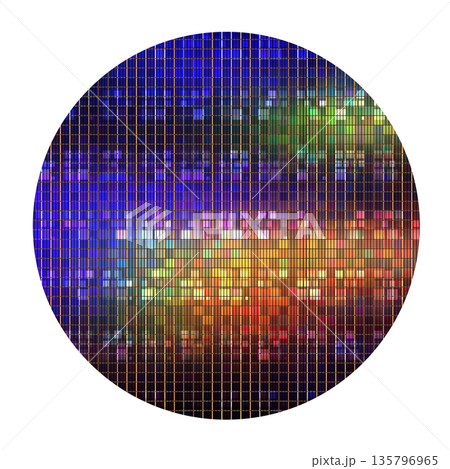 Colorful Semiconductor Silicon Wafer with Microchip Grid Pattern 135796965