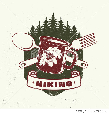 Hiking logo, badge design. Concept for shirt or logo, print, stamp or tee with pin forest, coffee or tea mug, fork and spoon. Outdoor adventure. Vector illustration. 135797067