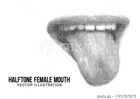 Halftone mouth with tongue. Vector black dots pattern. Collage element, mouth symbol. Trendy vintage retro halftone collage template. 135797071