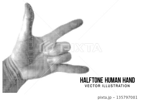 Halftone human hands. Vector black dots pattern. Collage element, rock and roll symbol. Trendy vintage retro halftone collage template. 135797081