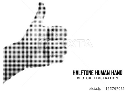 Halftone human hands. Vector black dots pattern. Collage element, ok symbol. Trendy vintage retro halftone collage template. 135797083