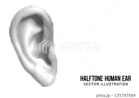 Halftone human ear. Vector black dots pattern. Collage element, ear symbol. Trendy vintage retro halftone collage template. Halftone human ear. Vector black dots pattern. Collage element, ear symbol. Trendy vintage retro halftone collage template. 135797084