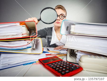 Crazy office lady at desk. Crazy office lady at desk. 135797107