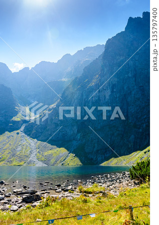 alpine landscape with lake in summer. beautiful poland nature in high tatra mountains for travel. blue sky above czarny staw pond 135797400