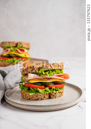 Sandwich with ham, cheese, lettuce, tomatoes, cucumbers and seeded bread on a plate Sandwich with ham, cheese, lettuce, tomatoes, cucumbers and seeded bread on a plate 135797623