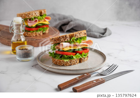 Sandwich with ham, cheese, lettuce, tomatoes, cucumbers and seeded bread on a plate Sandwich with ham, cheese, lettuce, tomatoes, cucumbers and seeded bread on a plate 135797624