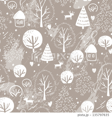 Seamless pattern with icy wood. Frosty snowy forest winter background. Hand drawing Vector illustration 135797635