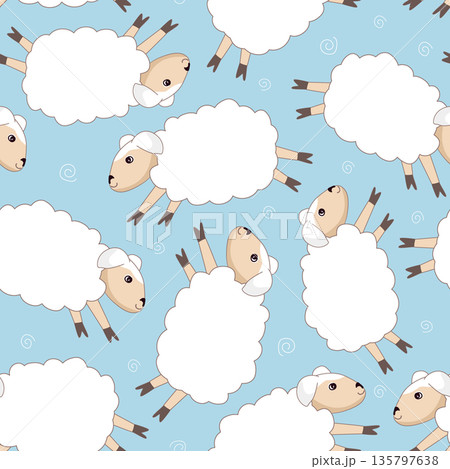 Seamless blue background with funny white sheep. Nursery background design for prints, fabric, textile, wallpaper, wrapping paper. Vector illustration Seamless blue background with funny white sheep. Nursery background design for prints, fabric, textile, wallpaper, wrapping paper. Vector illustration 135797638