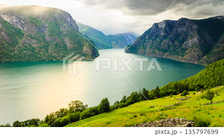 View of the fjords and Aurland valley in Norway 135797699