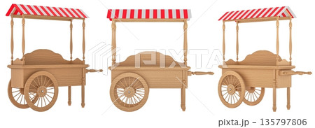 Wooden street vendor cart with striped canopy set. 3D rendering 135797806