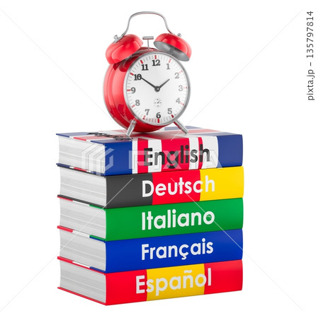 Language learning books with alarm clock. 3D rendering Language learning books with alarm clock. 3D rendering 135797814