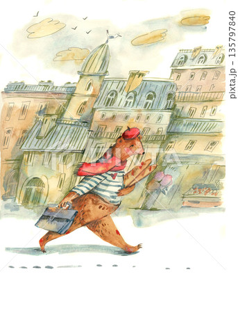 Bear in Paris Watercolor Hand drawn Illustration Bear in Paris Watercolor Hand drawn Illustration 135797840