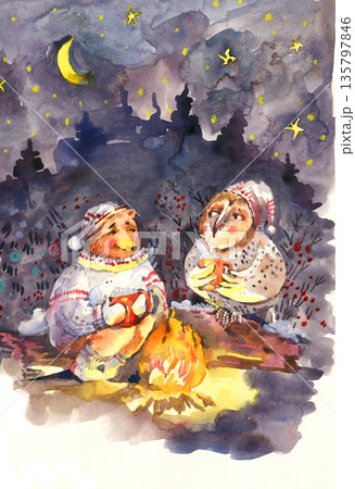 Bear and Owl By Campfire Under Starry Night 135797846