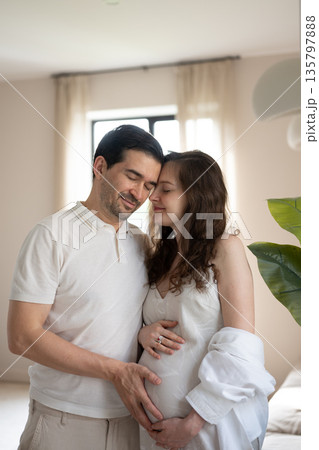 Loving couple caressing pregnant belly at home Loving couple caressing pregnant belly at home 135797888