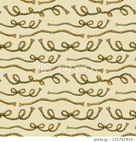 Vintage watercolor seamless pattern featuring twisted nautical ropes and sturdy sailor knots. Hand-painted maritime adventure design with hemp cords for pirate treasure maps and marine decor. 135797939