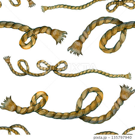 Rustic watercolor seamless pattern with natural hemp ropes and decorative bows. Elegant hand-painted repeating design featuring textured cords for coastal branding and farmhouse interior decor. 135797940