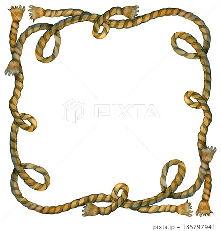 Authentic watercolor hemp rope border featuring decorative sailor bows and curved twine lines. Hand-painted rustic pirate frame ideal for coastal branding, nautical scrapbooking, and vintage maritime 135797941